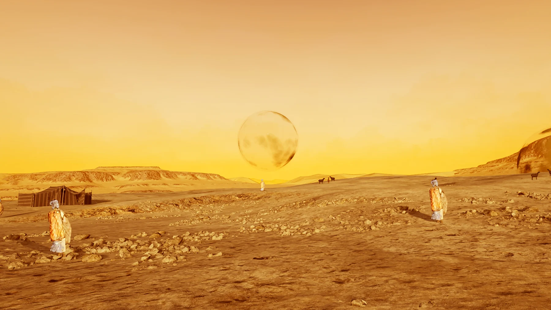A golden virtual landscape with small figures and a floating sphere.